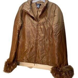 Etcetera Womens Gold Satin Jacket W/Faux Fur Cuffs Size 12 Vintage Chic
